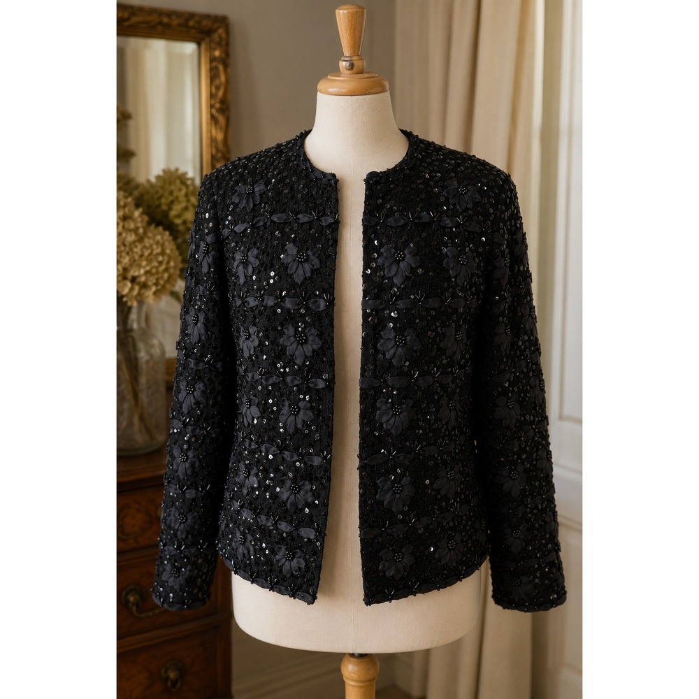 Vintage Black Sequin Beaded Floral Lambswool Evening Jacket Size L